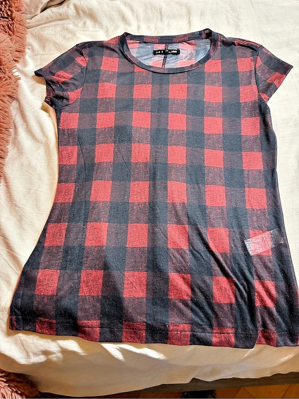 rag & bone/JEAN Checkered Short Sleeve Top in Red & Black